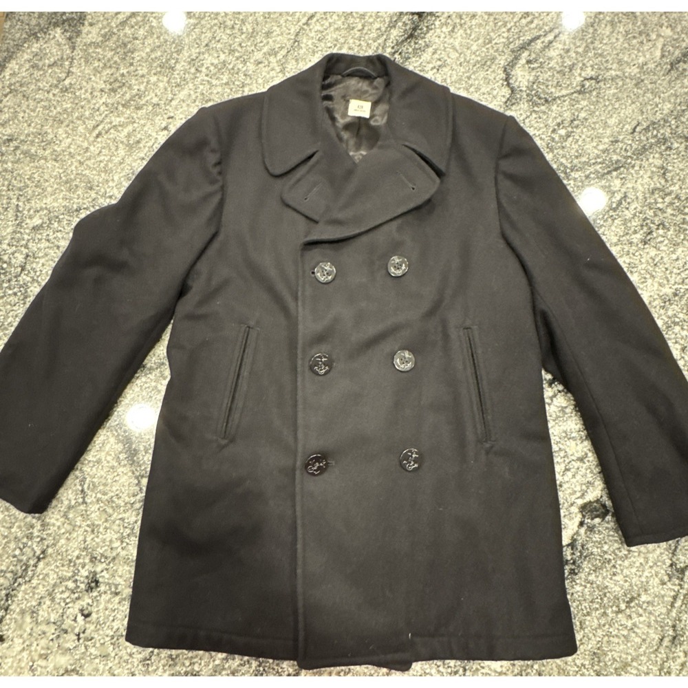 Vintage US Navy 100% Wool Pea Coat Black USN Jacket Overcoat Whaling USA 80s 42R